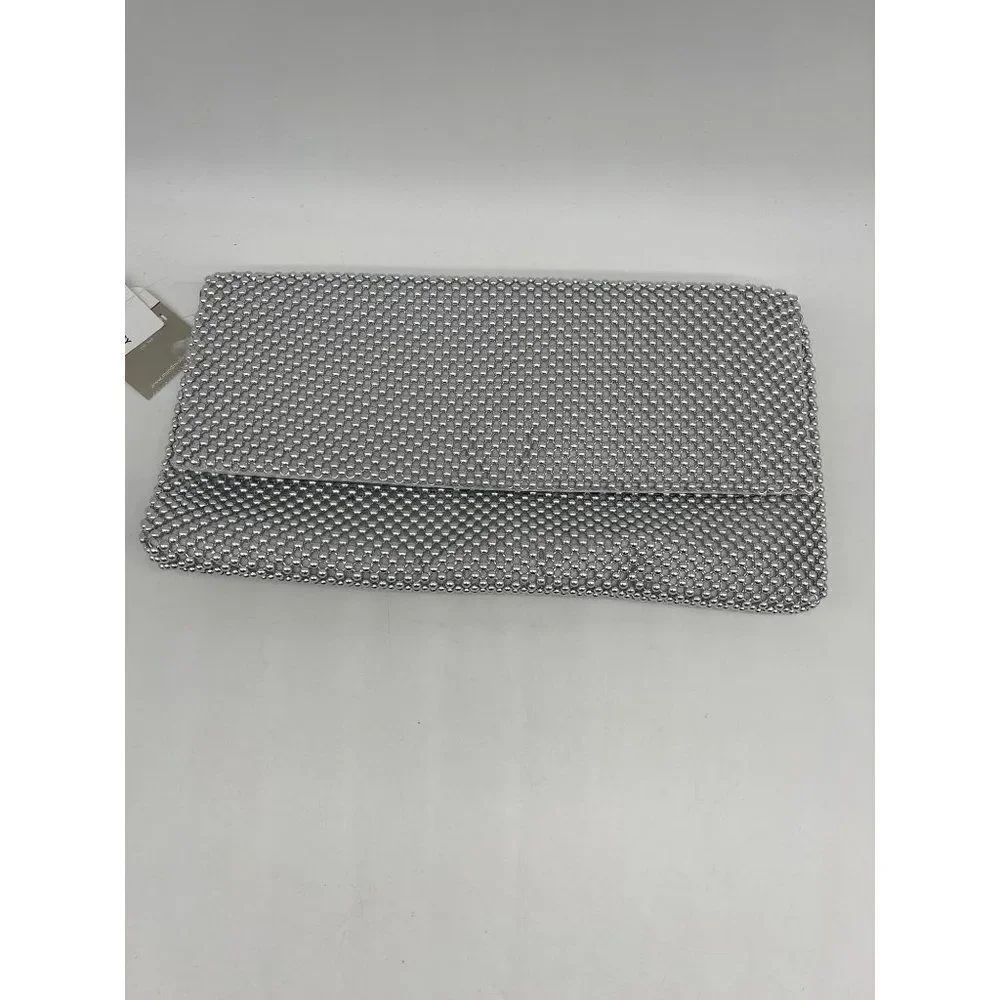 Mundi Large Silver Ball Mesh Flap Clutch with Silver Chain NWT